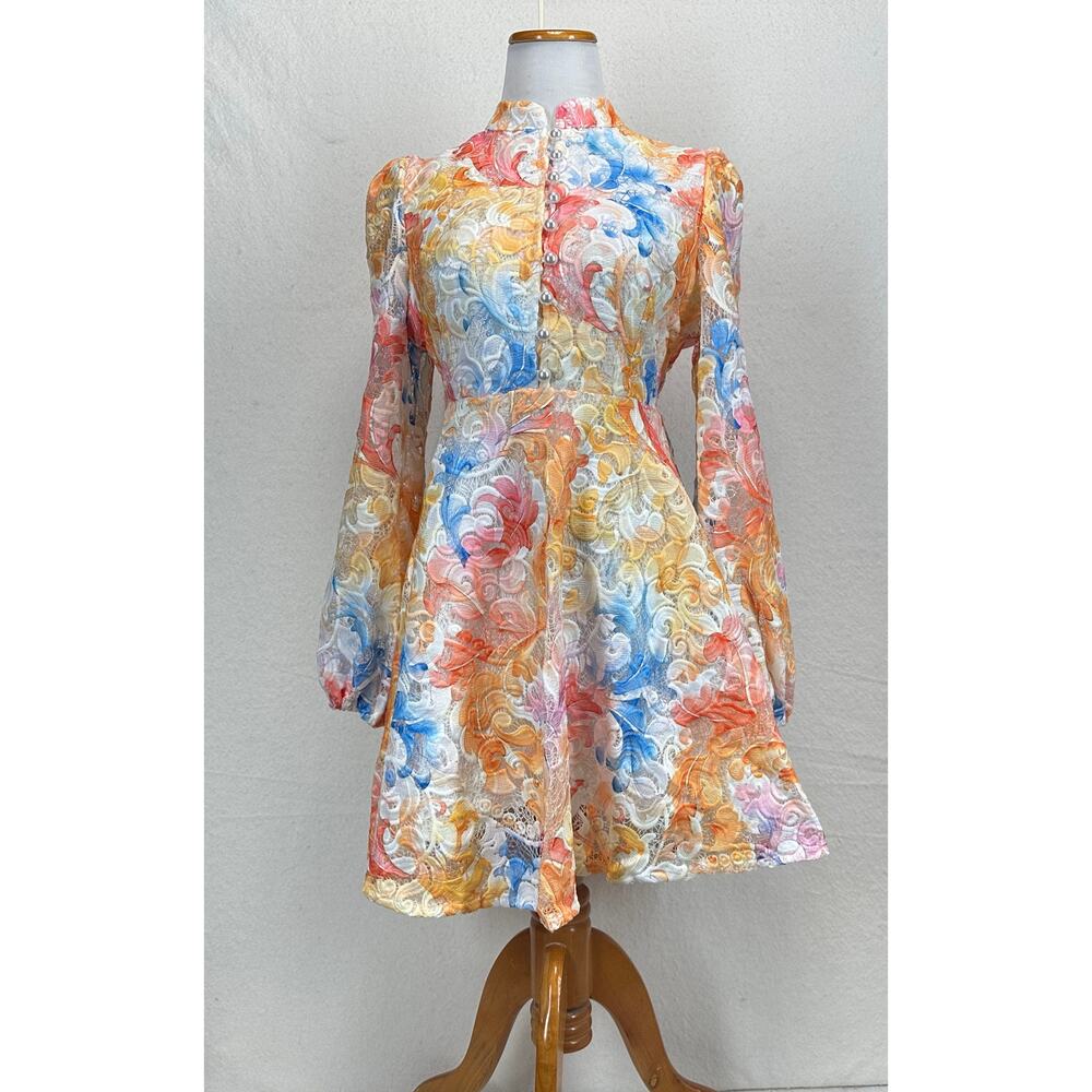 Karolina Vibrant Multicolor Floral Lace Long-Sleeve Dress Mini Dress Size Large